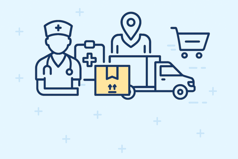 Flat-style digital illustration showing a doctor, a parcel, a delivery van, a map pin, and a shopping trolley — representing industries that benefit from dedicated couriers.