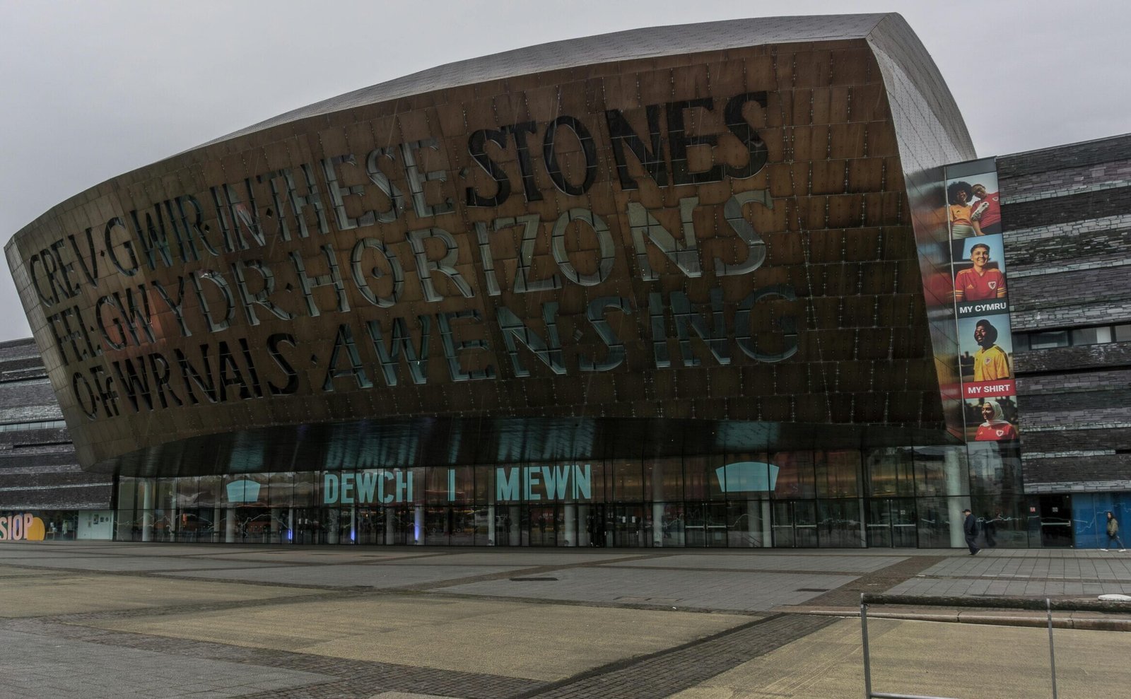 Front view of the iconic Wales Millennium Centre in Cardiff, UK.
